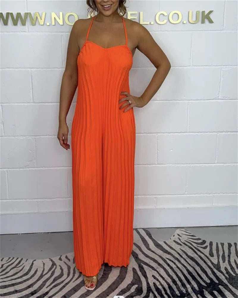 Jumpsuits - Plus-size women's jumpsuit full-body pressure pleated solid color sleeveless suspenders jumpsuit plus-size women's clothing