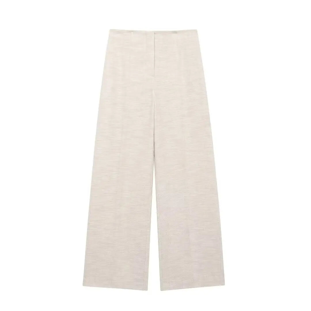 Pants Sets - Women Elegant Solid Slim Back Zipper Side Slit Crop Design Slash Neck Top+High-Waisted Zip-up Loose Long Pant 2 Piece Set