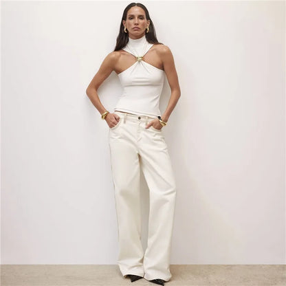 Halter Tops - Turtleneck Basic Knit Tank Tops Women Vest Pullovers Metal Ring Camisole Sleeveless Skinny Knitted Tops Y2K Cropped Top