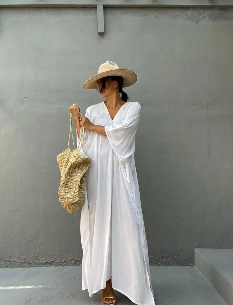 Kaftans - Women's Clothing Swimwears Solid Color Cover Up V Neck Batwing Sleeve Plus Size Beach Kaftan Dresses