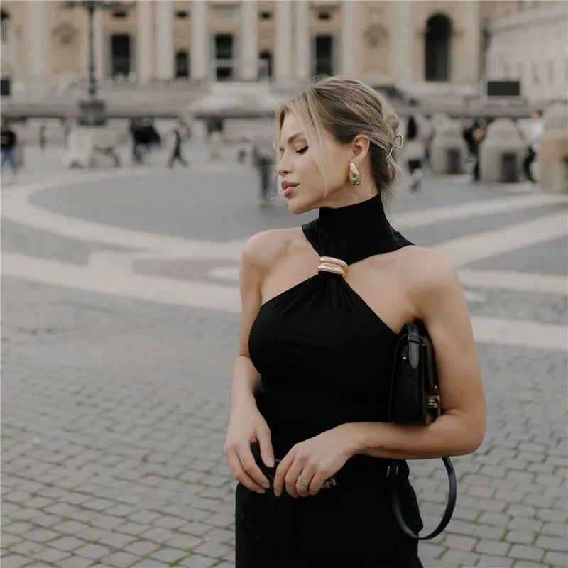 Halter Tops - Turtleneck Basic Knit Tank Tops Women Vest Pullovers Metal Ring Camisole Sleeveless Skinny Knitted Tops Y2K Cropped Top