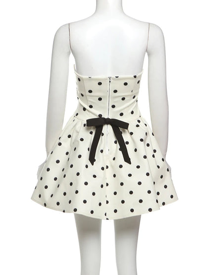 Fit and Flare Dresses - Dots Print Dress Women Chest Wrap Backless Bow Applique Ruffles Loose Hem 2025 Y2k Trend Streetwear Chic Mini Bodycon