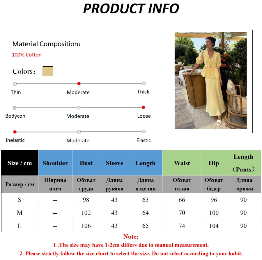 Matching Sets - Bornladies 2025 Summer Women's 100% Cotton V-Neck Lace-Up Bubble Sleeve Shirt Long Skirt Set Loose Casual Two-Piece Suit