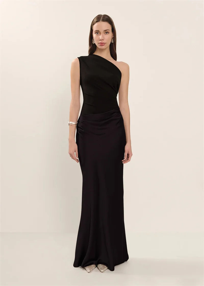 Elegant Dresses - Satin Inclined Shoulder Sexy Maxi Dress Women Fashion Patchwork Sleeveless Backless Bodycon Evening Club Party Dress