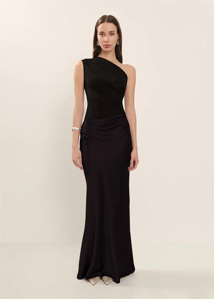 Elegant Dresses - Satin Inclined Shoulder Sexy Maxi Dress Women Fashion Patchwork Sleeveless Backless Bodycon Evening Club Party Dress