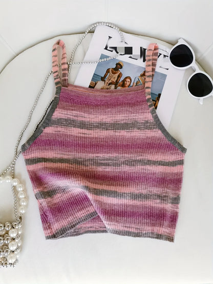 Knit Camis - 2024 Comfortable and Stylish Striped Ribbed Knit Cami Top for Women Sleeveless Square Neck Casual Top Rainbow Crop Top