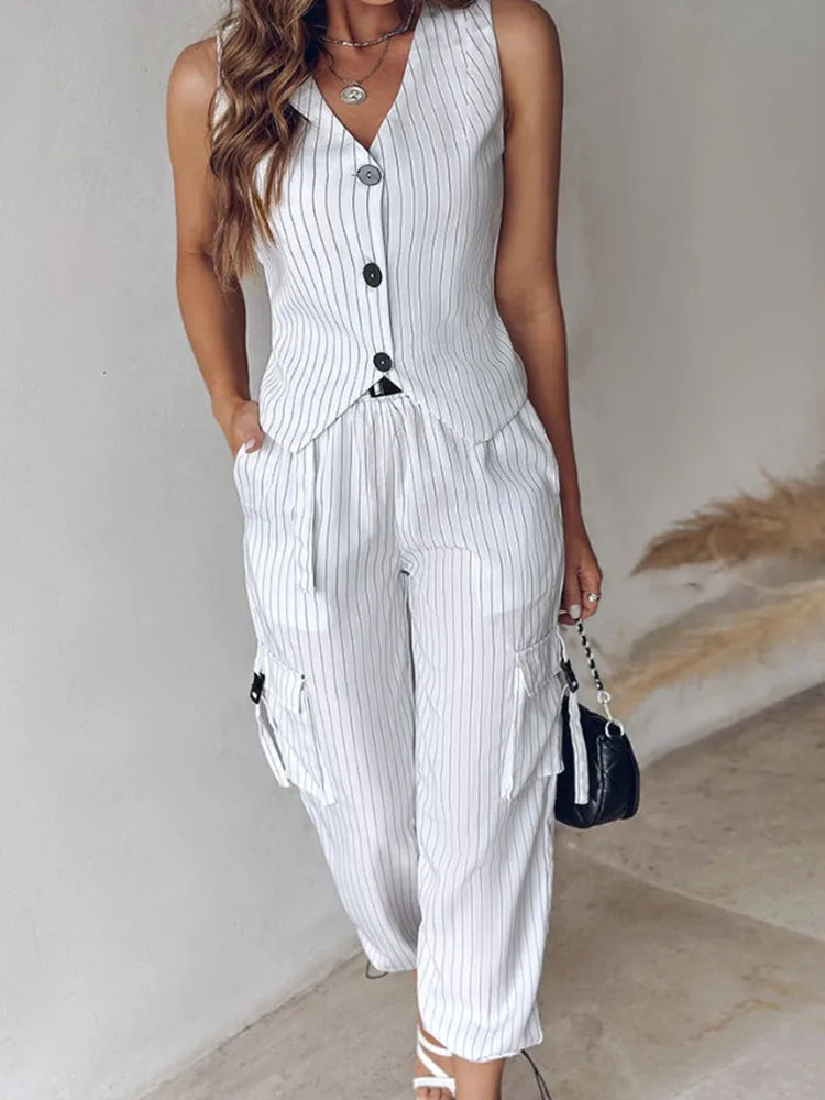 Pants Set - White Striped Vest Suit For Women Summer Casual V-neck Button Top Pocket Loose Pants Outfits Two-piece Suit For Women Elegant
