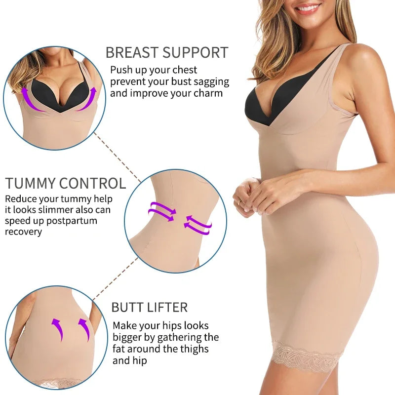 Shapers - Womens Full Slip Shapewear Dress Bodysuits Lingerie with Lace Firm Control Open Bust Waist Cinchers Body Shaper Dresses