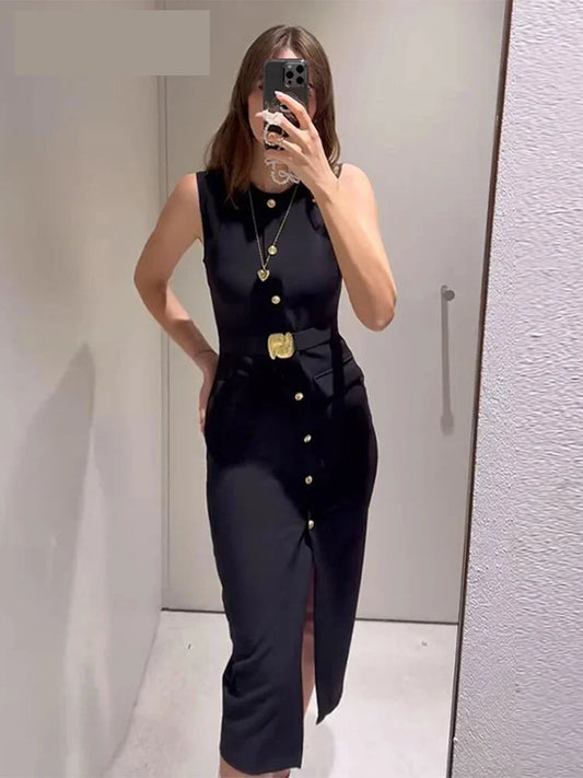 Buttoned Dresses - Long Dress With Belt Women Slim Single Breasted Front Split Sleeveless Female Dresses 2025 Summer Lady Vestido