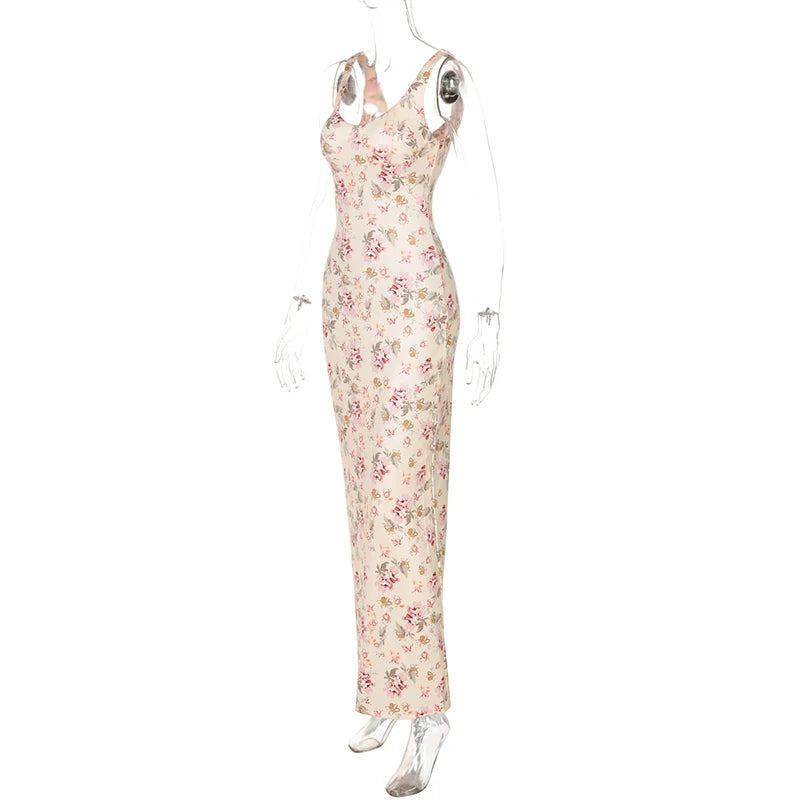 Elegant Dresses - Backless Print Sexy Maxi Dress For Women Fashion Sleeveless High Waist Bodycon Club Party Sexy Slit Dress Elegant
