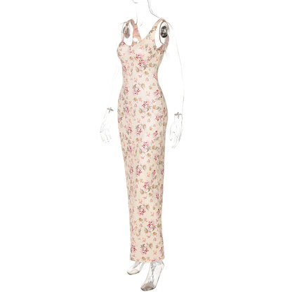 Elegant Dresses - Backless Print Sexy Maxi Dress For Women Fashion Sleeveless High Waist Bodycon Club Party Sexy Slit Dress Elegant