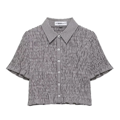 Crop Tops - Women Fashion Plaid Pleated Single Breasted Blouse Vintage Lapel Neck Short Sleeves Female Chic Lady Shirts