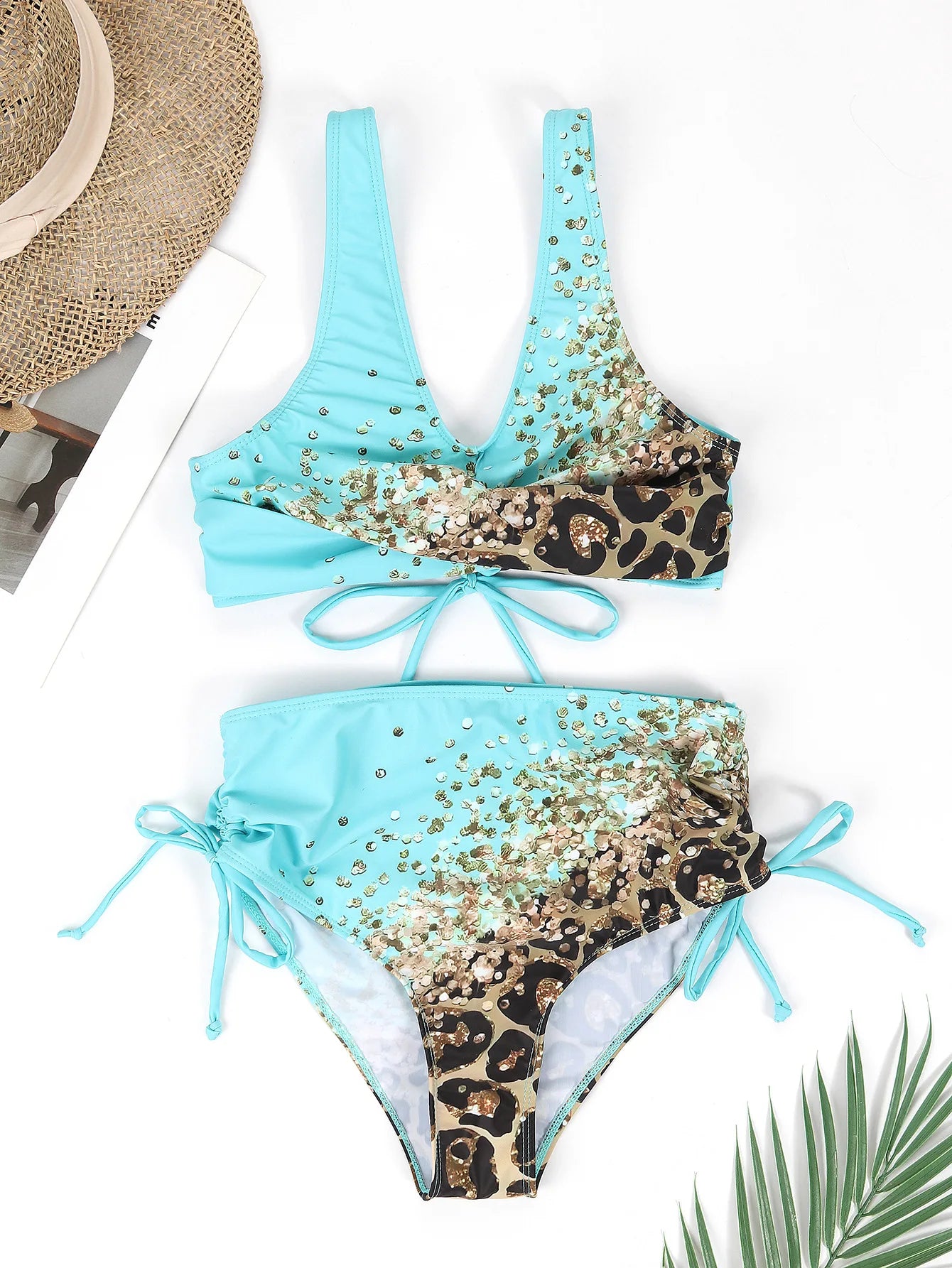 Swimwear - 2024 Drawstring V Neck High Waist Bikini Women Printed Swimwear Female Swimsuit Bathers Bathing Swimming Suit Beachwear Summer