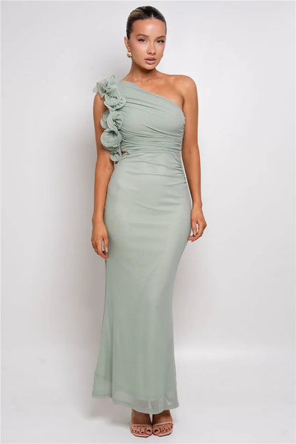 Elegant Dresses - Shoulder Floral Mesh Ruched Sexy Maxi Dress For Women Gown Oblique Shoulder Sleeveless Backless Bodycon Long Dress