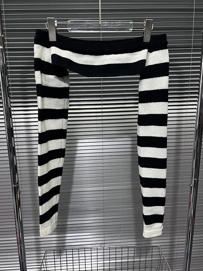 Off Shoulder Tops - Women's Fashion Striped Contrast Color Two-pieces Set Stretch Strapless Long Sleeve Knit Tops 2025 Spring New 33A2346