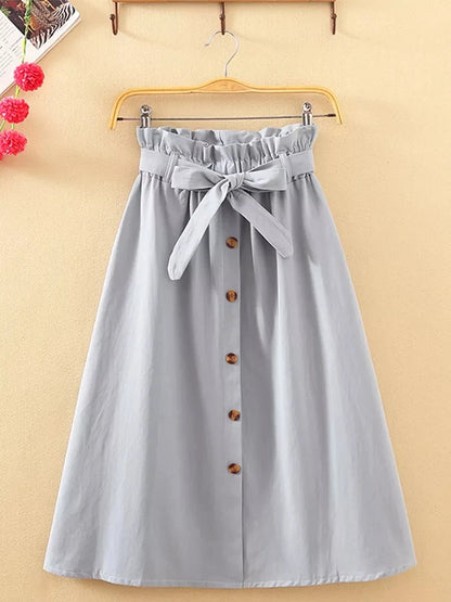 Midi Skirts - Summer Autumn Skirts Womens Midi Knee Length Korean Elegant Button High Waist Skirt Female Pleated School Skirt