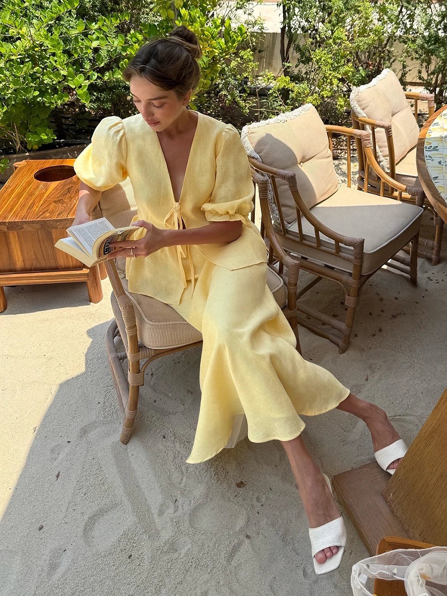 Matching Sets - Bornladies 2025 Summer Women's 100% Cotton V-Neck Lace-Up Bubble Sleeve Shirt Long Skirt Set Loose Casual Two-Piece Suit