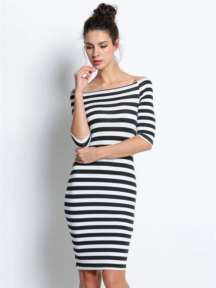 Bodycon dresses - Spring Summer Dresses Woman Size Dresses For Women Casual Stripe Print Off The Shoulder Half Long Sleeve Long Dress Robe Femme