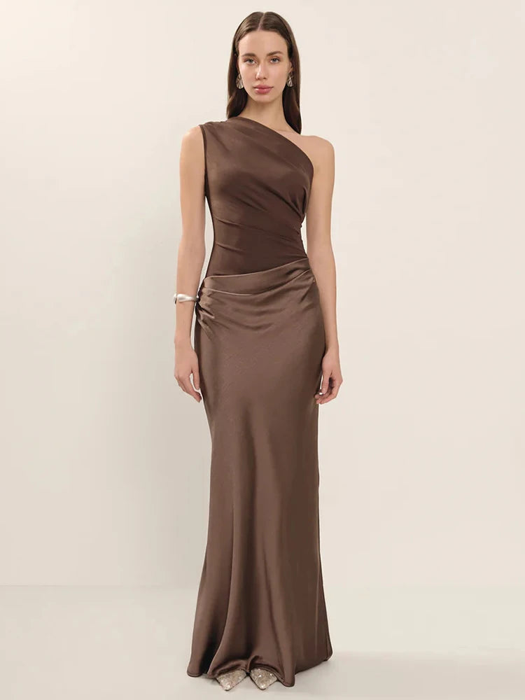 Elegant Dresses - Satin Inclined Shoulder Sexy Maxi Dress Women Fashion Patchwork Sleeveless Backless Bodycon Evening Club Party Dress