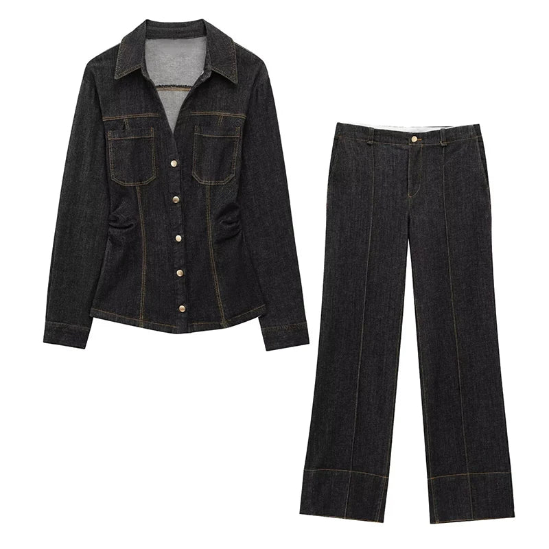 Pants Set - Denim Pants Set Women Lapel Long Sleeve Single Breasted Slim Jacket Zippers Straight Jeans Trousers 2025 Spring Lady Streetwear