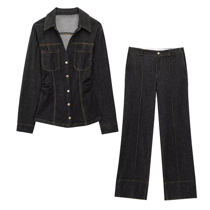 Pants Set - Denim Pants Set Women Lapel Long Sleeve Single Breasted Slim Jacket Zippers Straight Jeans Trousers 2025 Spring Lady Streetwear