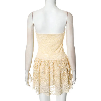 Tube Dresses - Off-shoulder Strapless Sexy Mini Dress For Women Elegant Lace Sleeveless Backless High Waist Pleated Cake Dress