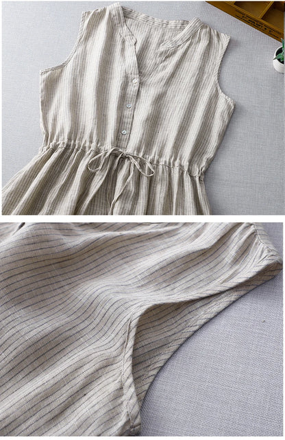 Casual Dresses - Cotton Sleeveless Dresses for Women 2025 New Summer Elegant Drawstring Tank Dress Casual Loose Vintage Stripe Female Midi Dress