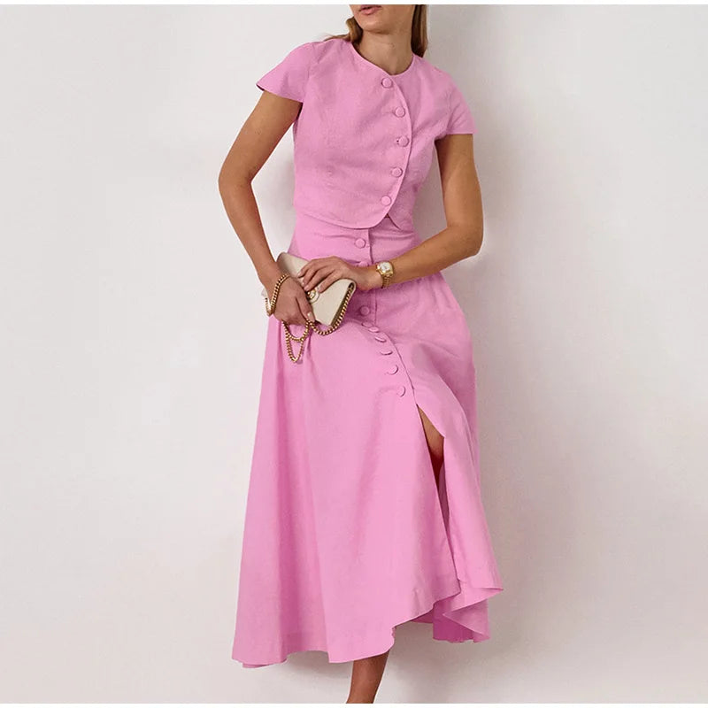 Skirt set - Women Vest Skirt Suit Solid O-neck Single Breasted Short Sleeve Short Top Button Wide Leg Skirts Female Summer Lady Beach Wears