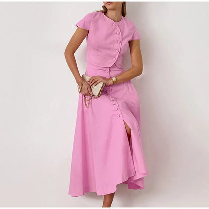 Skirt set - Women Vest Skirt Suit Solid O-neck Single Breasted Short Sleeve Short Top Button Wide Leg Skirts Female Summer Lady Beach Wears