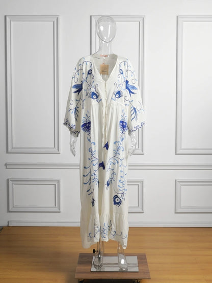 Kaftans - Jastie Embroidered Women Maxi Dress V-Neck Batwing Sleeve Loose Oversize Summer Dresses Drawstring Waist Boho Beach Vestidos