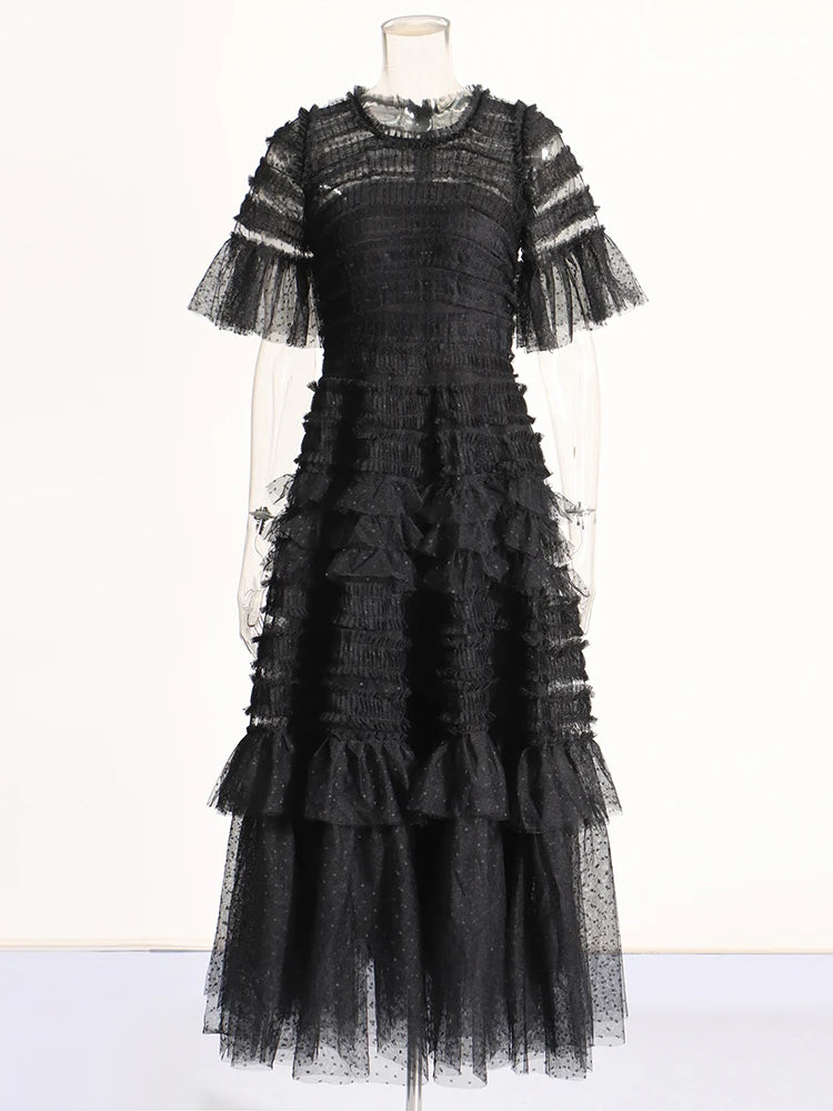 Elegant Dresses - Solid Dresses For Women O Neck Short Sleeve High Waist Spliced Folds Temperament Chic Dress Female Fashion Clothes