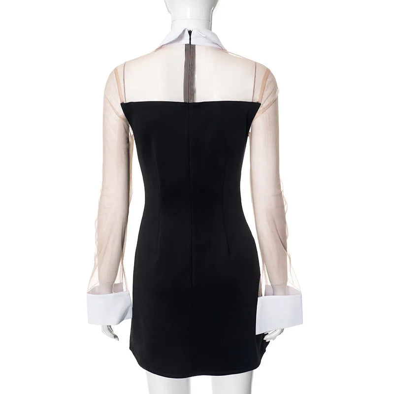 Shirt Dresses - Pullover Women Sexy Mesh See Through Turn Down Collar Night Club Dress Evening Party Summer Short Elegant Fashion Dress