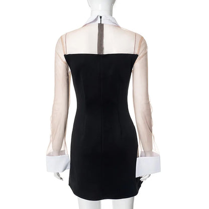 Shirt Dresses - Pullover Women Sexy Mesh See Through Turn Down Collar Night Club Dress Evening Party Summer Short Elegant Fashion Dress