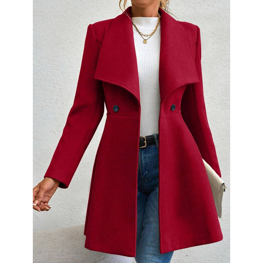 Trench Coats - Coats Winter Solid Color Long Sleeve Lapel Button-Up Work Coats New Year Red Valentine's Day Gift Outerwears