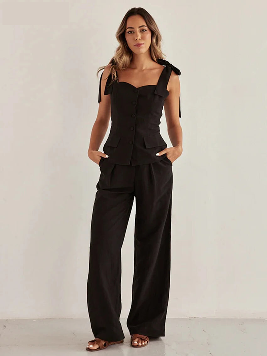 Pants Sets - Summer Slim Black Cotton Women's Two Pieces Set 2025 Fashion Sleeveless Tank Top With High Waist Wide Pants Set Female