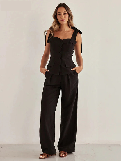 Pants Sets - Summer Slim Black Cotton Women's Two Pieces Set 2025 Fashion Sleeveless Tank Top With High Waist Wide Pants Set Female