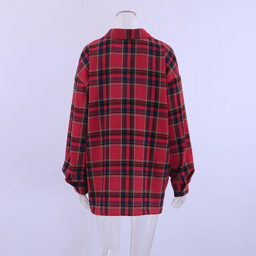 Plaid Shirt For Women, Red Bright Grid, Oversized Blouse, Leisure And Fashionable Top, Spring And Autumn Seasons