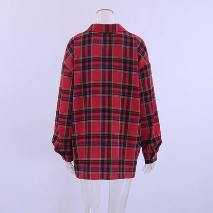 Plaid Shirt For Women, Red Bright Grid, Oversized Blouse, Leisure And Fashionable Top, Spring And Autumn Seasons
