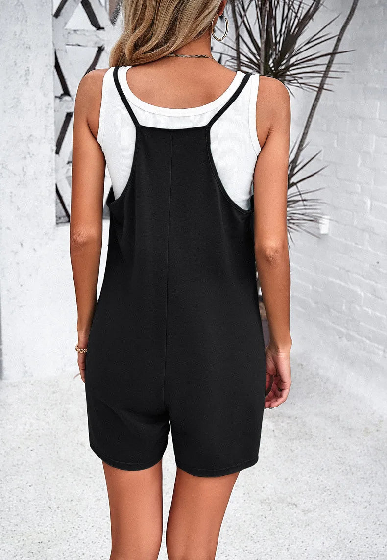 Overalls - Cute Spring Summer Women's Casual Solid Color Suspender Jumpsuit Sleeveless Loose Straight Overalls Elegant Clothing