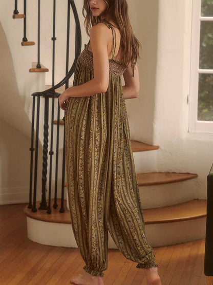 Jumpsuits - Women Summer Cami Jumpsuits Retro Floral Print Tie-Up Spaghetti Strap Sleeveless Long Rompers Fashion Loose Playsuits