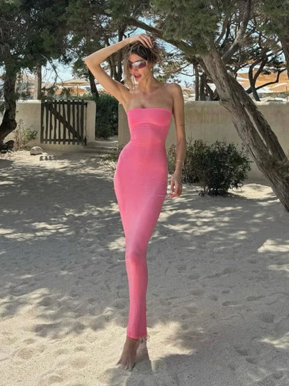 Pink Backless Maxi Dress Women Sexy Strapless Sleeveless Bodycon Dress Party Outfits Summer Lace-up Holidays Dress 2024