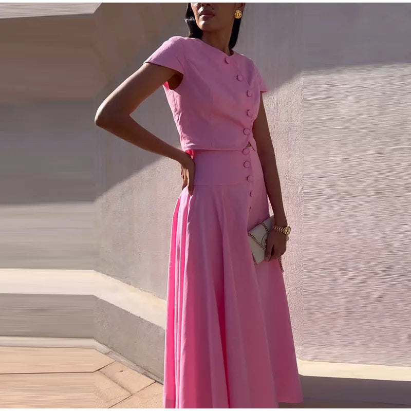 Skirt set - Women Vest Skirt Suit Solid O-neck Single Breasted Short Sleeve Short Top Button Wide Leg Skirts Female Summer Lady Beach Wears