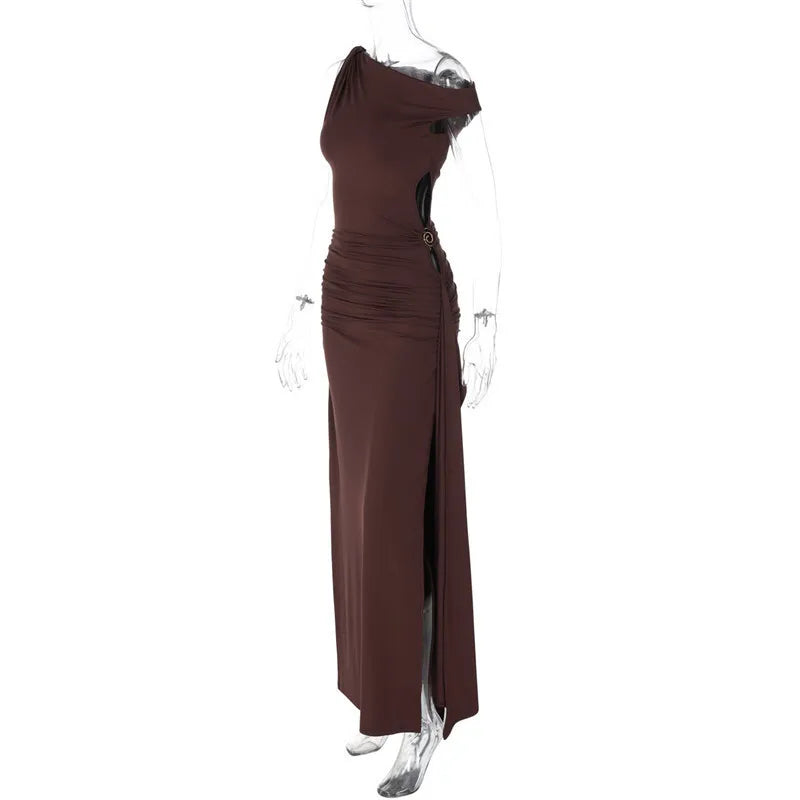 Elegant Dresses - Oblique Shoulder Backless Sexy Maxi Dress For Women Fashion Off-shoulder Sleeveless High Waist Bodycon Club Long Dress