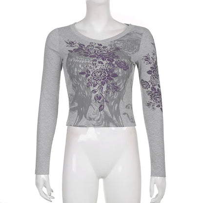 T-shirts - 2024 Autumn And Winter New Y2k Millennium Style Abstract Pattern Print Sexy Round Neck Slim Slim Long-Sleeved T-Shirt Top Women