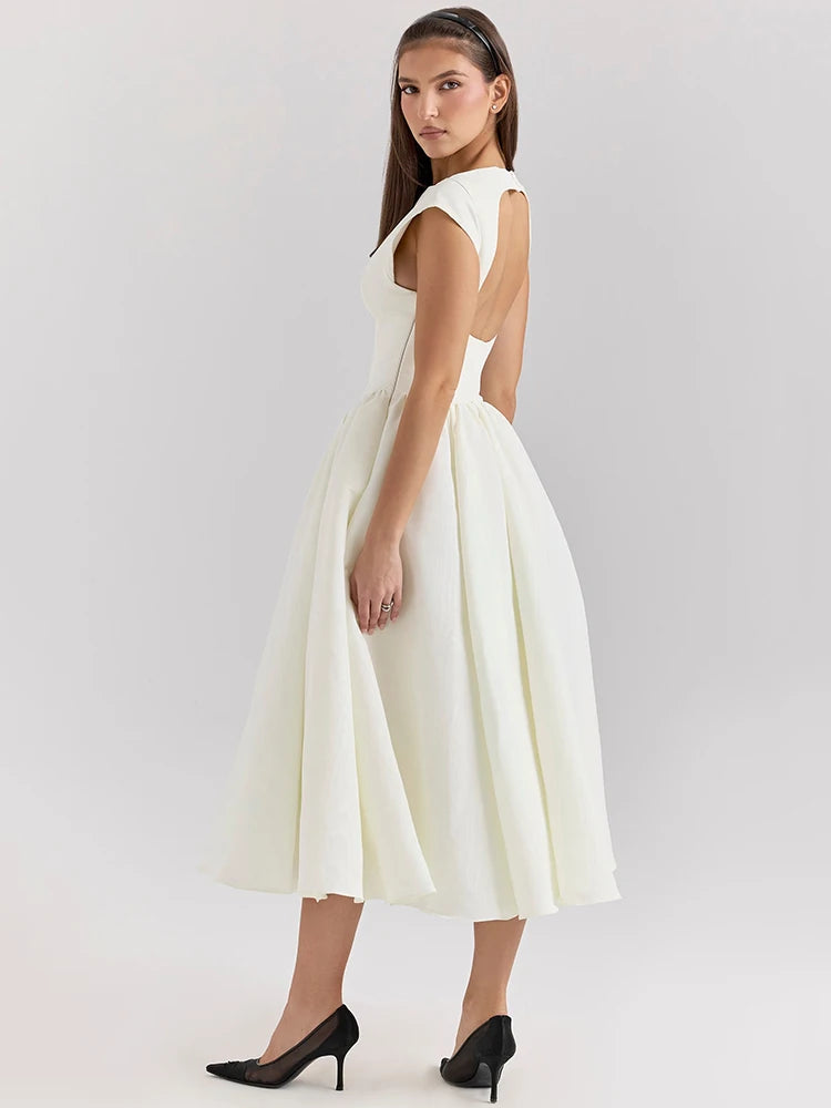 Elegant Dresses - White Backless A-line Sexy Maxi Dress For Women Gown Solid Hollow Out Sleeveless High Waist Club Pleated Dress Elegant