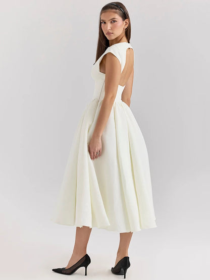 Elegant Dresses - White Backless A-line Sexy Maxi Dress For Women Gown Solid Hollow Out Sleeveless High Waist Club Pleated Dress Elegant