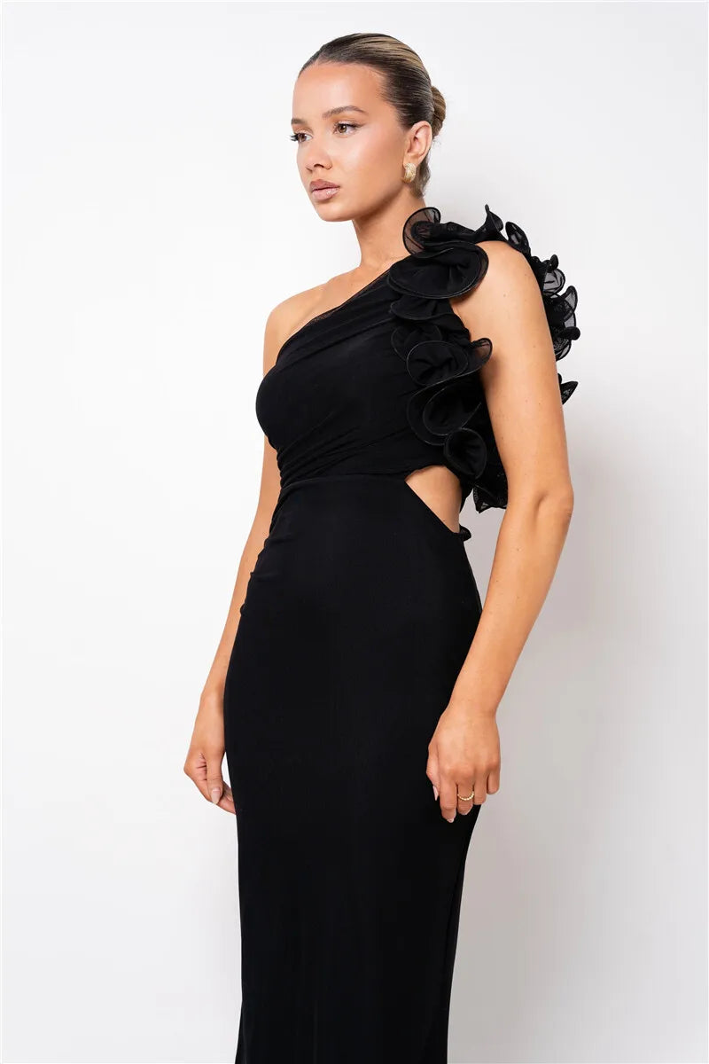 Elegant Dresses - Shoulder Floral Mesh Ruched Sexy Maxi Dress For Women Gown Oblique Shoulder Sleeveless Backless Bodycon Long Dress