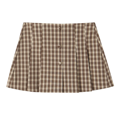 Skirts set - TRAFZA Women 2 Piece Set Elegant Plaid O-Neck Single Breasted Pocket Decorate Vest Top+Chic Zipper Pleated Slim Mini Culottes