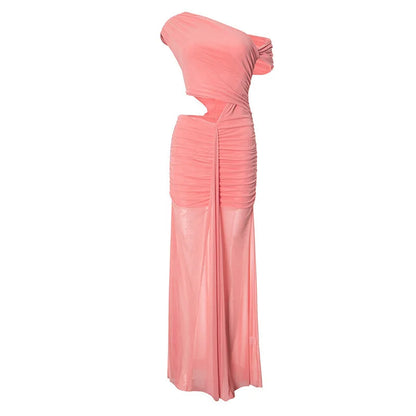Elegant Dresses - Sexy Sleeveless Hollow Out Pleated Patchwork Maxi Dress For Women High Waist Off-shoulder Slim Club Party Long Dress