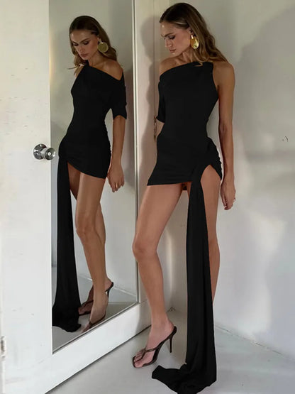 Asymmetric Dresses - Oblique Shoulder Backless Irregular Sexy Mini Dress For Women Fashion Sleeveless Draped Ruched Club Dress Elegant